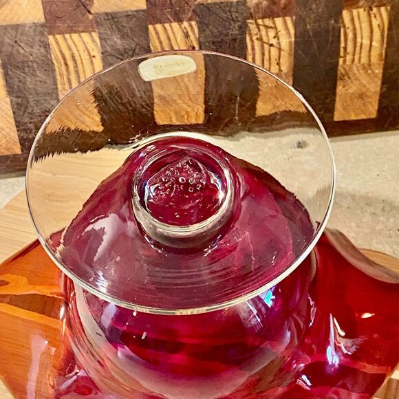 Vintage Bischoff Amberina ruffled compote bowl marked red hand made art glass - Picture 5 of 10